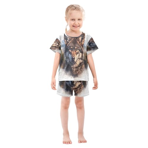 ALAZA Wolf Watercolor Landscape Pajamas Set Short Sleeve Cotton Sleepwear Summer Pjs 2 Piece 5-14Y3