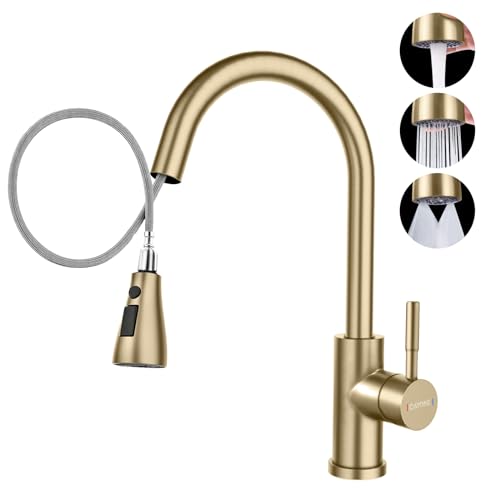 DAYONE Gold Kitchen Mixer Tap with Pull Out Spray, SUS304 Stainless Steel Sink Taps Mixer with 3 Functions for Kitchen, 360° Swivel Single Handle High Arc Kitchen Faucet, Brushed Gold