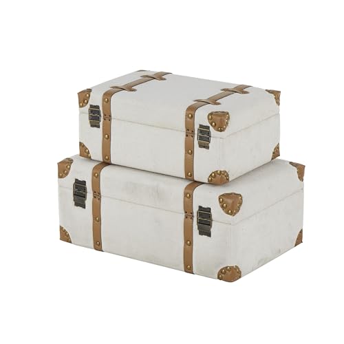 Image of Deco 79 Wooden Decorative Trunk Vintage Storage Decorative Large Boxes with Brown Leather Accents and Bronze Latches, Set of 2 Storage Trunks 20 inch, 16 inch H, Light Gray