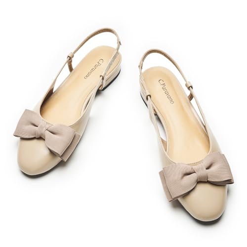 Image of C.Paravano Women's Slingback Dress Shoes | Sandals with Bows for Women| Casual Flat Shoes for Women | Almond Toe Slingback | Detachable Ankle Strap