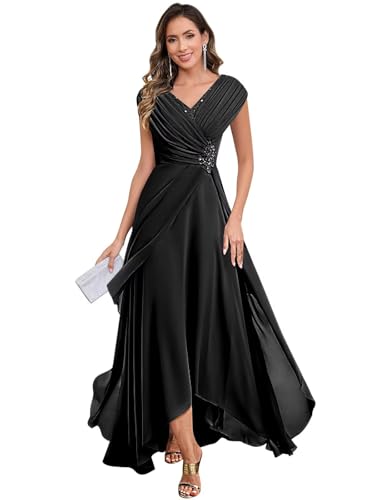 Lace Applique Chiffon Mother of The Bride Dresses A Line Cap Sleeves Evening Gown V Neck Formal Dress for Wedding
