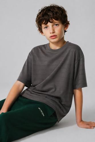 Image of Alan Jones Clothing Boys Oversized T-Shirt with Embossed Stripe Design | Half Sleeve Round Neck Casual Tee for Kids