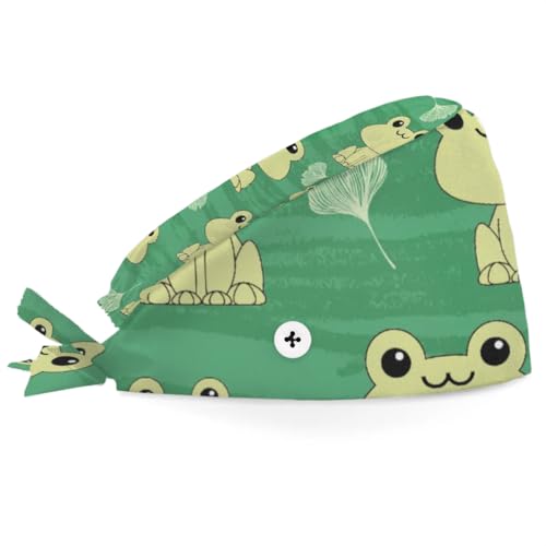 Mularoka Cute Frog Leaf Working Caps with Button Sweatband Comfortable Adjustable Bouffant Hats Work Hat for Women Men
