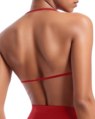 Image of OMKAGI Halter Sports Bras for Women Padded Strappy Bra Open Back Workout Gym Crop