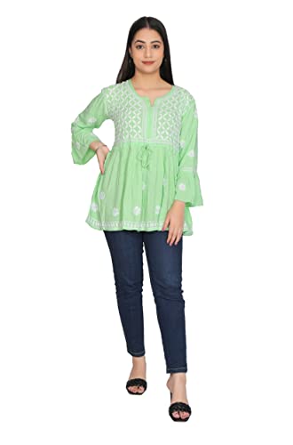 Image of FAWOMENT Women's Rayon Lucknowi Chikan Embroidered Short Frock Style Top - Designer Ethnic Wear with Bell Sleeves - Elegant & Comfortable Kurti for Daily, Festive & Casual Wear