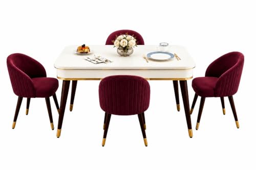 Image of WOODEN SPACE 4 Seater Wooden Dining Table Set | Urban Marble Top Dining Table with Chairs for Dining Room & Kitchen (Majestic Classic Backline Maroon) (42 x 42 x 30 inch)