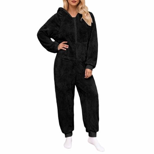 Genérico Pijama de Felpa Mono de Invierno para Mujer Cálido y Acolchado Pijama de Felpa Enterizo Tipo Onesie Suave y CóModo Ropa de Domir Largo de Un Solo Color con Capucha