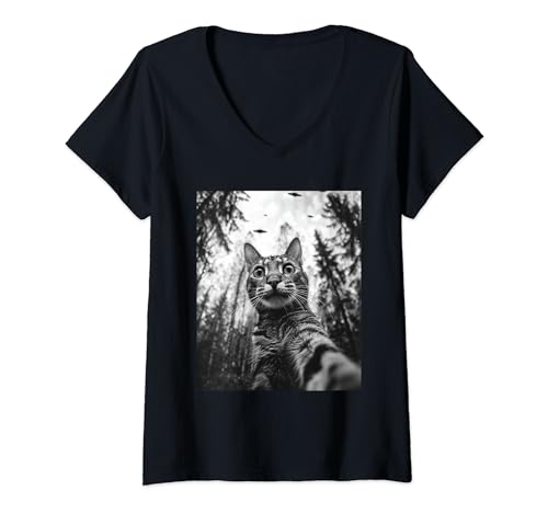 Femme Cat Mom Dad - Selfie extraterrestre amusant Ocicat UFO T-Shirt avec Col en V