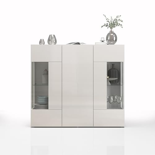 WHOUS Buffet Haut Egypt pour Salon, Salle à Manger ou Cuisine avec 3 Portes et 11 Compartiments, 135 x 40 x 120 cm, Bahut Vitrine Moderne 3 Portes avec Vitres...