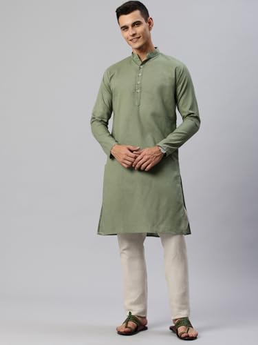 Image of Majestic Man Men's Cotton Regular Fit Casual Mandarin Collar Ethnic Motifs Solid Long Kurta
