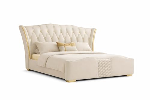 Image of Woodesty Upholstered Queen Size Bed with Box Storage for Bedroom | Elegant Wooden Double Bed with MDF Ply with Storage | Platform Cot Palang with Tufted Headboard | 6.5 x 5 Ft | Sheesham Wood | White