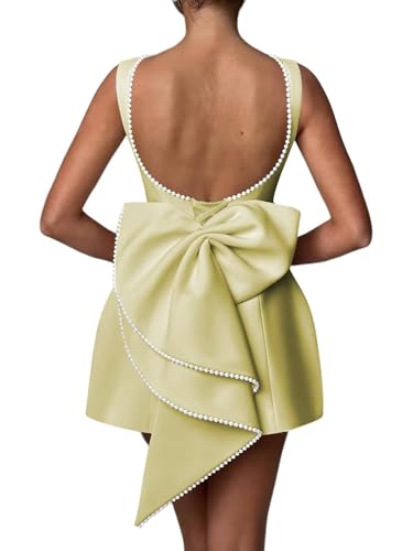 Image of Mini Pearl Cocktail Dress with Bow Satin Evening Dress Backless Bodycon Formal Party Gowns ADN002