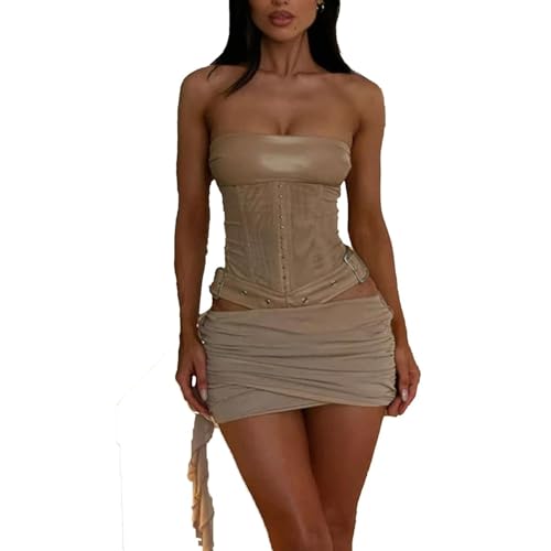 Women's Outfit Lace-Up Crop Tube Top in Leather with Bodycon Ruched Skirt Wrap Pleated Mini Skirt Set