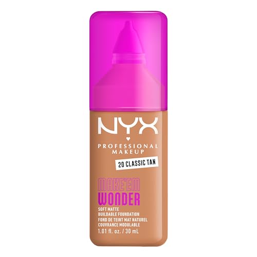NYX Professional Makeup Make 'EM Wonder, Up to 24 Hour Soft Matte Foundation, Undetectable Finish, Waterproof, Sweat and Transfer Resistant, Shade: 20 Classic Tan