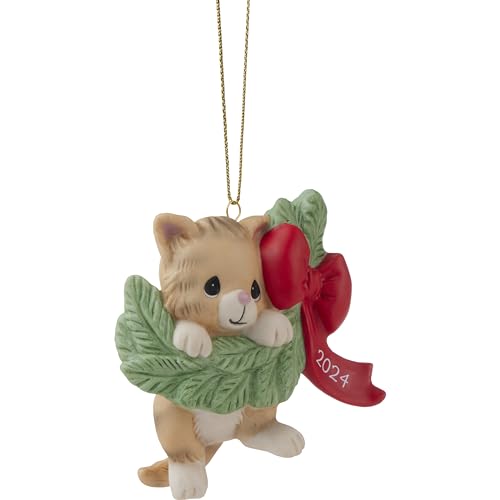 Precious Moments 2024 datierte Katzen-Ornament, zum Aufhängen für die Feiertage 2024, Biskuit-Porzellan-Katze, Weihnachtsdekoration – Ansicht 4