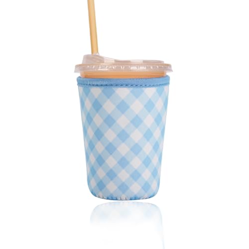 Image of Reusable Insulated Sleeve for Iced Coffee Cup, Coffee Neoprene Sleeve for Cold & Hot Drinks, Beverage Holder for Iced Coffee (Sky Gingham, Small: 16-18oz)