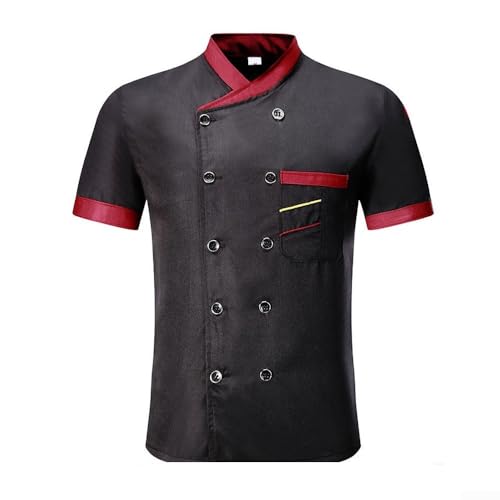 Chaqueta de chef profesional unisex de manga corta cuello alto uniforme de cocina restaurante cocina catering ropa de trabajo blanco rojo negro M-3XL (XL negro)