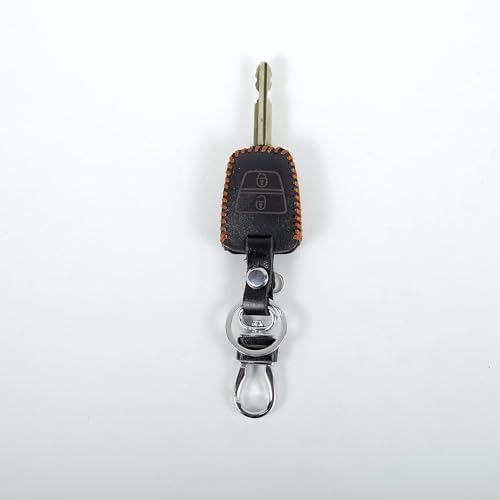 Image of Leather Smart Car Key Cover Case with Metal Hook Keychain for i-10 Grand (Black)