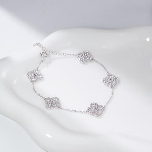 Aura & lrena Elegant Platinum Plated Four-Leaf Clover Bracelet – Adjustable Lucky Charm Bracelet with 3A Cubic Zirconia – Women’s Delicate Jewelry for Wedding, Anniversary & Gift3