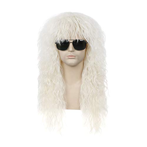 PATTNIUM 80s Wig Creamy White Wig Men 's Long Curly Punk Rocker White Wig 70s Halloween 80s Wig Mullet Heavy Metal Wig Men and Women Costume Cosplay Wig (Creamy White)