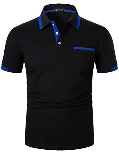 STTLZTM Polo Heren Korte Mouw Katoenen Shirt Contrast Kleur Shirts Golf Shirts,Zwart,XXL