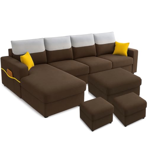 Image of Furny Tokiaa 8 Seater Fabric LHS L Shape Sofa Set with 1 Centre Table & 2 Puffy (Brown) | Soft Velvet Fabric | Modern Design | Comfortable Seating | Living Room Furniture