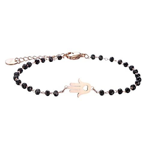 Collier de Perles de Cristal Noir et Bracelet Or Rose pour Femme