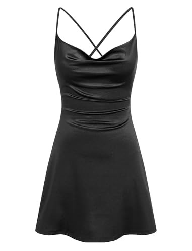 Image of ZAFUL Women's Satin Sleeveless Spaghetti Strap Mini Dress Sexy Slip Cowl Neck Silky Cocktail Party Dresses