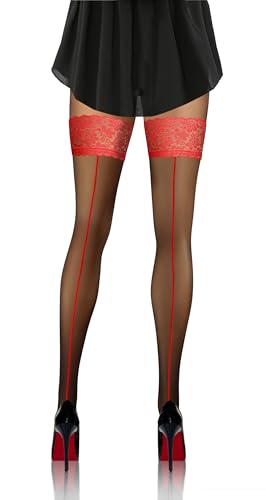 sesto senso Damen Halterlose naht-strümpfe 20 DEN Spitzenstrümpfe Schwarz Rot 3XL/4XL PD_07 Rote Naht
