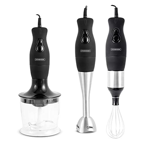 Mixeur Plongeant 3en1 Kitchencook MX700 – 400W, Lames Inox, Fouet Métal, Hachoir 0.5L, Verre Doseur 700ml, 2 Vitesses