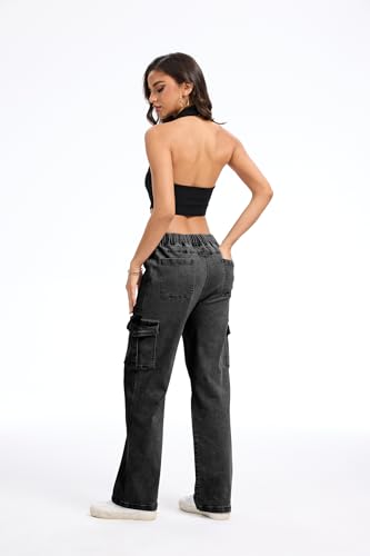 SESERAGI Cargo Jeans for Women Stretchy Straight Leg Drawstring Work Denim Pants with 6 Pockets Trousers2