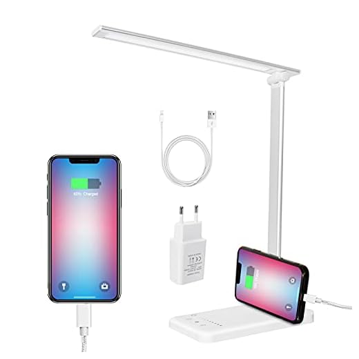 KYOTECH Lampe de Bureau LED 5 Modes de Couleur 10 Niveaux de Luminosité Flexible Contrôle Tactile ,Lampe de chevet Réglable ,avec USB Port pour charger Smartphone ,45min Fonction Minuterie