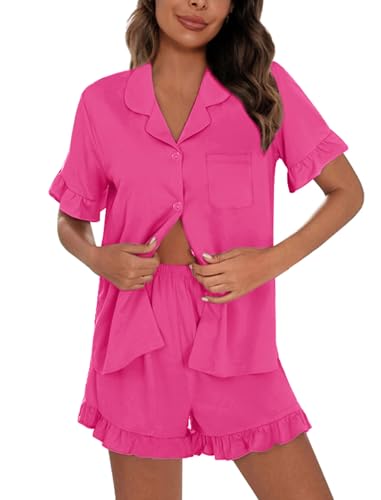 Image of SWOMOG Woman Pajama Set Short Sleeve Pjs Set 2Pcs Short Pajamas Button Down Ruffle Hem Sleepwear Soft Modal Loungewear