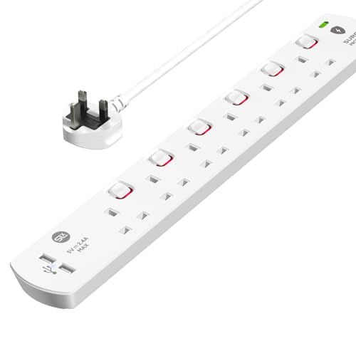 SLx Extension Lead 1m 6 Way Gang Switched Surge Protected Power Strip with 2 USB A Ports & LED Indicator 13A UK Plug & 3 Pin Sockets Wall Mountable Extension Cord for Home, Office or Garage White