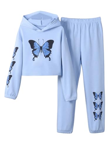 OYOANGLE Girl's 2 Piece Outfits Butterfly Print Long Sleeve Hoodie Sweatshirts and Jogger Sweatpants Set Tracksuit