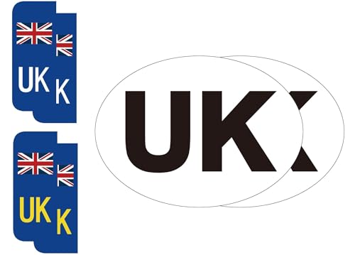 EVOGES UK Self Adhesive Vinyl Stickers for Cars Vans Vehicles Driving in EU Europe New 2021 Regulations Set of 6: (2x Oval 4x Number Plate Stickers)
