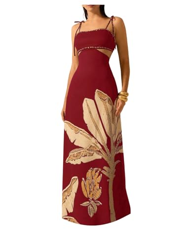 Image of SOLY HUX Women's Summer Maxi Dress Boho Print Tie Shoulder Spaghetti Strap Cut Out Tie Back Cami Dresses Sundress