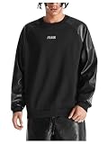SOLY HUX Men's Sweatshirt Letter Embroidery Crewneck Long Sleeve PU Leather Pullover Tops Black Letter Large