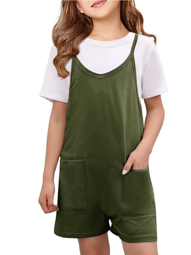 CharmWM Girls Summer Jumpsuits Spaghetti Strap Sleeveless Loose Romper Short Pants with Pockets 5-14 Years