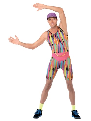 Smiffys Disfraz Instructor de Aerobica, multicolor, enterizo, sombrero y bolso canguro Halloween
