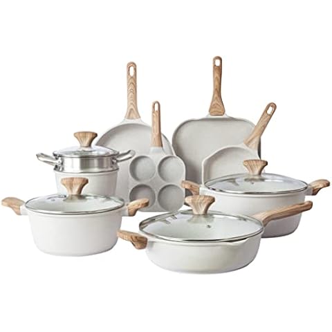 Country Kitchen Non-Stick Cast Aluminum Cookware Set - Durable Kitchen Cookware for Everyday Cooking, Cream, 13 Pc. Cover