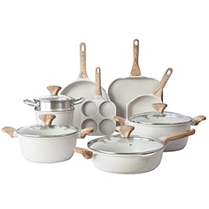 Country Kitchen Induction Cookware Sets – 13 Piece Nonstick Cast Aluminum Pots and Pans with BAKELITE Handles, Glass Lids -Cream