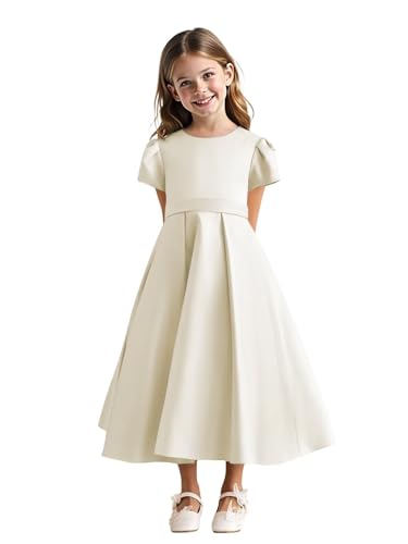 MCieloLuna Cute Toddler Flower Girl Dress Glossy Satin First Communion Dresses O Neck Short Sleeve Princess Long Gown