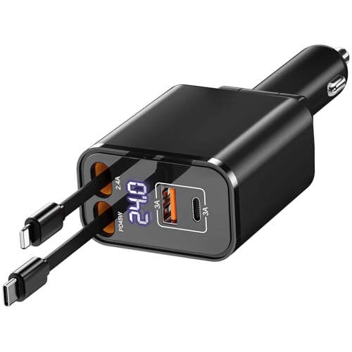 TWYAJYJ Retractable Car Charger USB C 4 in 1 87W Cigarette Lighter Car Phone Charger Adapter for iPhone 17 with Voltage Display Fast Charge for iPhone Samsung LG OnePlus etc