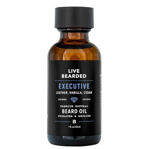 Live Bearded Beard Oil, 1 fl oz - Premium All-Natural Jojoba - Made in the USA - Hair and Skin Care for Men with Dry, Flaky Patches | Executive Scent - Cedar, Vanilla