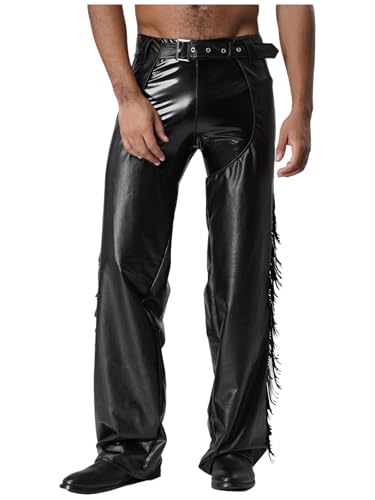 iiniim Mens Patent Leather Hollow Out Motorcycle Riders Chaps Pants Western Cowboy Trousers3
