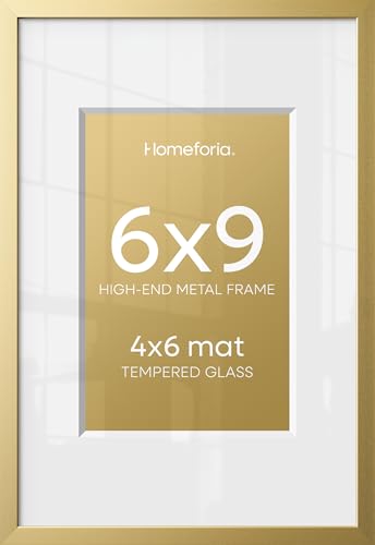 Image of Homeforia 6x9 Picture Frame Gold, High End Metal 6 x 9 Frames with Mat 4 by 6 for Print, Photo Frame 6x9 Gold Matted to 4x6 inches Art, 6by9 Wall or Tabletop Frames, Tempered Glass, Wall Kit, Set of 2