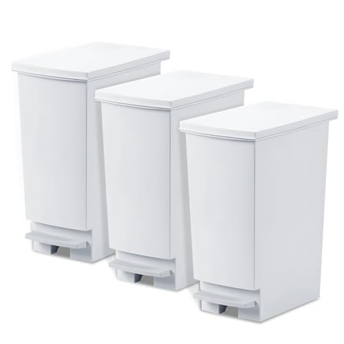 Image of 8 Gallon Trash Can With Lid and Foot Pedal, Plastic Slim Kitchen Step On Trash Can, Hands Free Recycling White Kitchen Garbage Can, Odor Block, 9 Inch Wide Trash Bin Fit For Narrow Space, 3Pack