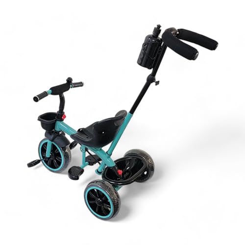 Image of MEKASHI Kids Tricycle for 1-6 Years with Parent Push Handle, EVA Wheels, Safety Guard, Front & Rear Storage Basket, Footrest, Bottle Holder, Sea Green