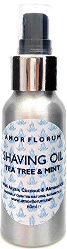 100% Naturel - HUILE DE RASAGE - MENTHE & ARBRE DU THE - 60ml - par AMOR FLORUM BLU. Pour un Rasage Confortable, Laisse votre Peau sans Irritation et Hydratée. Avec Huiles de Coco, Argan, Amande Cover